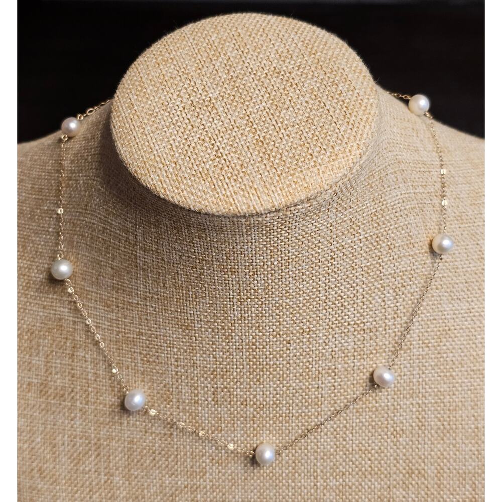 Yellow Gold Filled 10K JCM Pearl Station Necklace Cable Spring Ring Clasp 16"